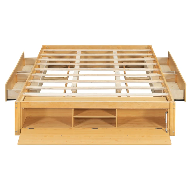 Alt view image 7 of 7 - Queen Size Platform Bed Frame with 4 Storage Drawers and Hydraulic Lift Footboard Storage, No Headboard, Modern Space-Saving Design-Natural