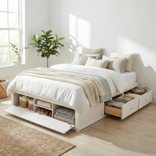 Main image of Queen Size Platform Bed Frame with 4 Storage Drawers and Hydraulic Lift Footboard Storage, No Headboard, Modern Space-Saving Design-Antique White