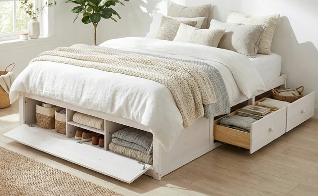 Alt view image 4 of 7 - Queen Size Platform Bed Frame with 4 Storage Drawers and Hydraulic Lift Footboard Storage, No Headboard, Modern Space-Saving Design-Antique White