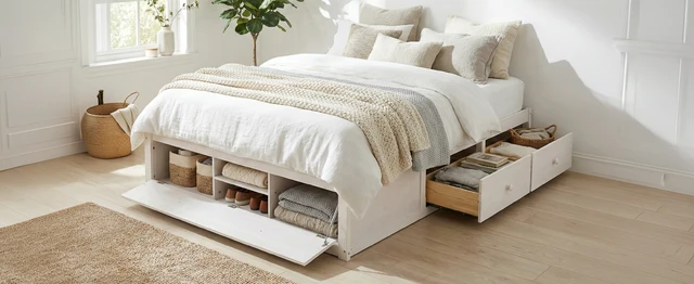 Alt view image 6 of 7 - Queen Size Platform Bed Frame with 4 Storage Drawers and Hydraulic Lift Footboard Storage, No Headboard, Modern Space-Saving Design-Antique White