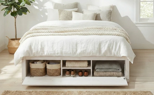 Alt view image 3 of 7 - Queen Size Platform Bed Frame with 4 Storage Drawers and Hydraulic Lift Footboard Storage, No Headboard, Modern Space-Saving Design-Antique White