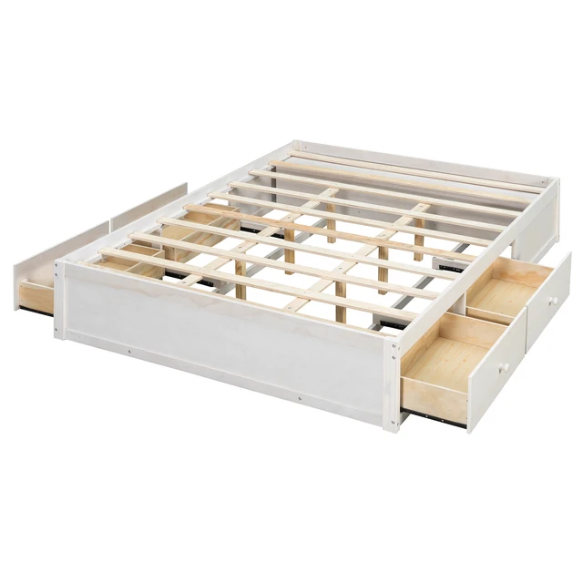 Alt view image 7 of 7 - Queen Size Platform Bed Frame with 4 Storage Drawers and Hydraulic Lift Footboard Storage, No Headboard, Modern Space-Saving Design-Antique White