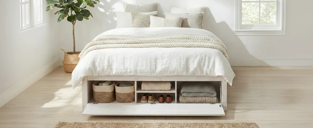 Alt view image 5 of 7 - Queen Size Platform Bed Frame with 4 Storage Drawers and Hydraulic Lift Footboard Storage, No Headboard, Modern Space-Saving Design-Antique White