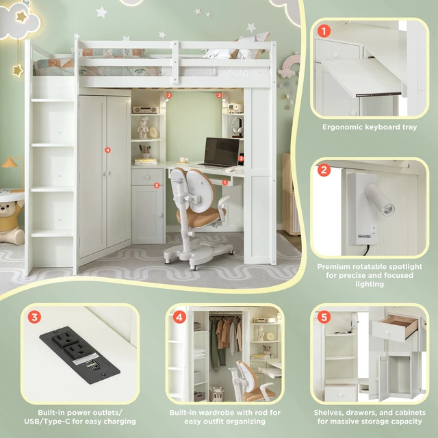 Alt view image 2 of 7 - Twin Size Loft Bed with Integrated Large Wardrobe and Desk, All-in-One Space-Saving High Bed with Pull-out Keyboard Tray, Charging Station and Dual Metal Spotlights-Beige White