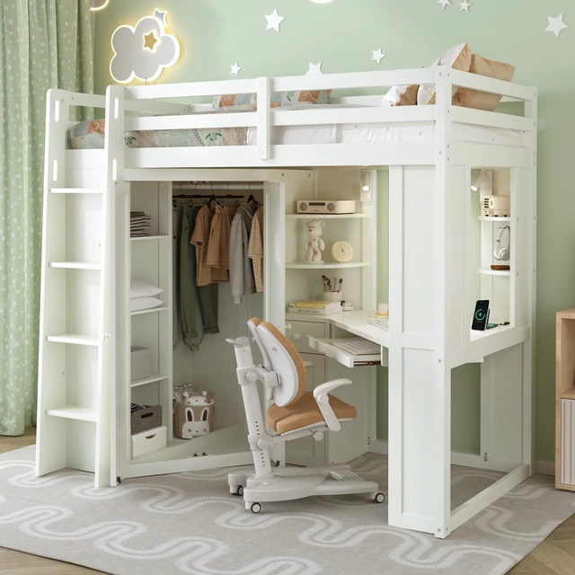 Alt view image 3 of 7 - Twin Size Loft Bed with Integrated Large Wardrobe and Desk, All-in-One Space-Saving High Bed with Pull-out Keyboard Tray, Charging Station and Dual Metal Spotlights-Beige White