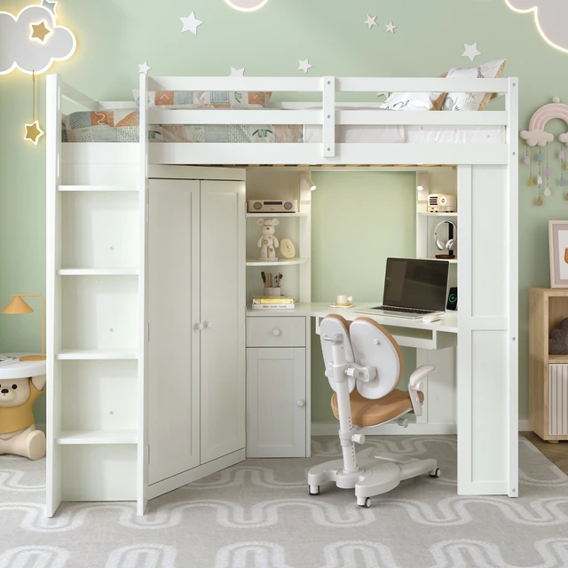 Alt view image 4 of 7 - Twin Size Loft Bed with Integrated Large Wardrobe and Desk, All-in-One Space-Saving High Bed with Pull-out Keyboard Tray, Charging Station and Dual Metal Spotlights-Beige White