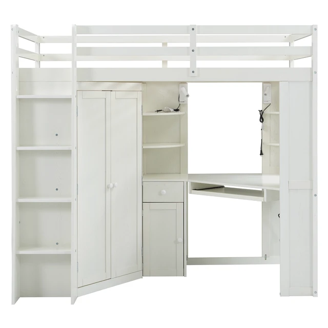 Alt view image 6 of 7 - Twin Size Loft Bed with Integrated Large Wardrobe and Desk, All-in-One Space-Saving High Bed with Pull-out Keyboard Tray, Charging Station and Dual Metal Spotlights-Beige White