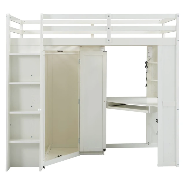 Alt view image 5 of 7 - Twin Size Loft Bed with Integrated Large Wardrobe and Desk, All-in-One Space-Saving High Bed with Pull-out Keyboard Tray, Charging Station and Dual Metal Spotlights-Beige White