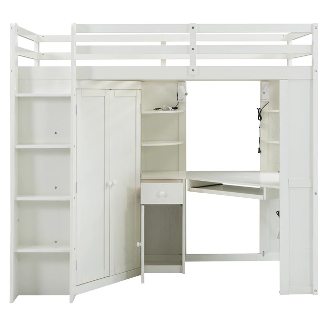 Alt view image 7 of 7 - Twin Size Loft Bed with Integrated Large Wardrobe and Desk, All-in-One Space-Saving High Bed with Pull-out Keyboard Tray, Charging Station and Dual Metal Spotlights-Beige White