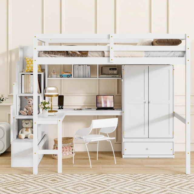 Main image of Full Size Loft Wood Bed with Desk, Book shelves and Wardrobe with Doors and Drawer, Built-in Staircase with Storage Shelves, Loft Bed with Safety Guardrails and Solid Slats,White