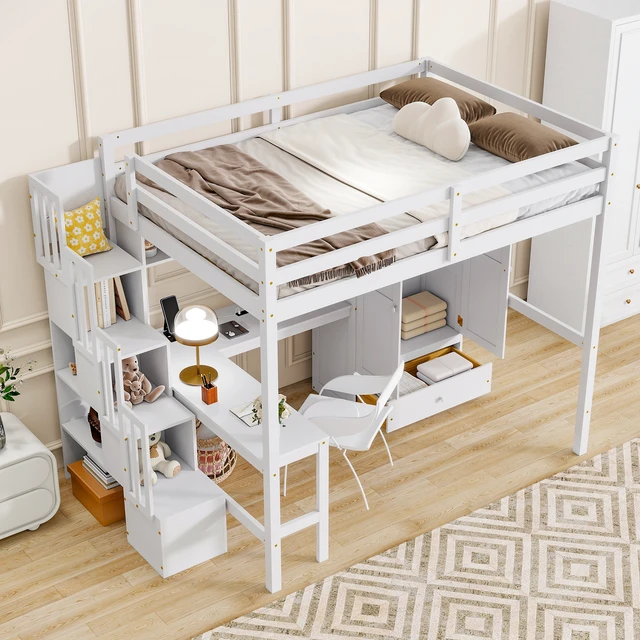 Alt view image 3 of 7 - Full Size Loft Wood Bed with Desk, Book shelves and Wardrobe with Doors and Drawer, Built-in Staircase with Storage Shelves, Loft Bed with Safety Guardrails and Solid Slats,White