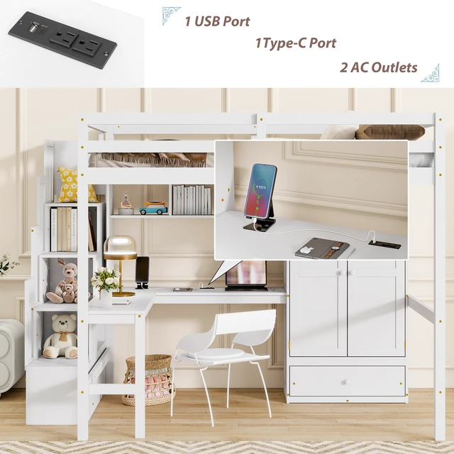 Alt view image 2 of 7 - Full Size Loft Wood Bed with Desk, Book shelves and Wardrobe with Doors and Drawer, Built-in Staircase with Storage Shelves, Loft Bed with Safety Guardrails and Solid Slats,White