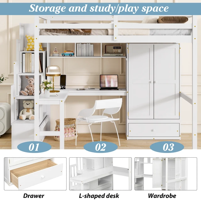 Alt view image 7 of 7 - Full Size Loft Wood Bed with Desk, Book shelves and Wardrobe with Doors and Drawer, Built-in Staircase with Storage Shelves, Loft Bed with Safety Guardrails and Solid Slats,White