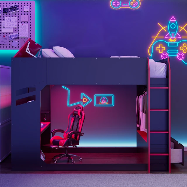 Alt view image 2 of 7 - Full Size Wood Loft Bed with Height-adjustable Desk,Drawers,Storage Compartments,Hanging Rod and RGB Lights,Red
