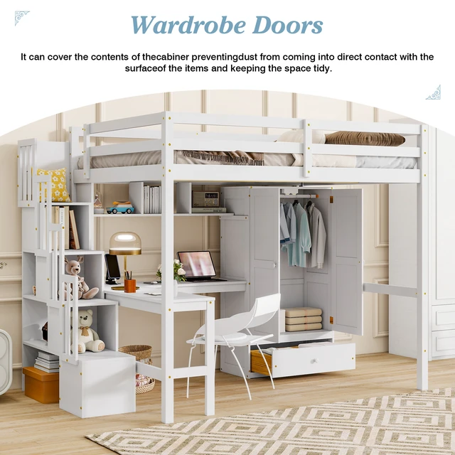 Alt view image 6 of 7 - Full Size Loft Wood Bed with Desk, Book shelves and Wardrobe with Doors and Drawer, Built-in Staircase with Storage Shelves, Loft Bed with Safety Guardrails and Solid Slats,White