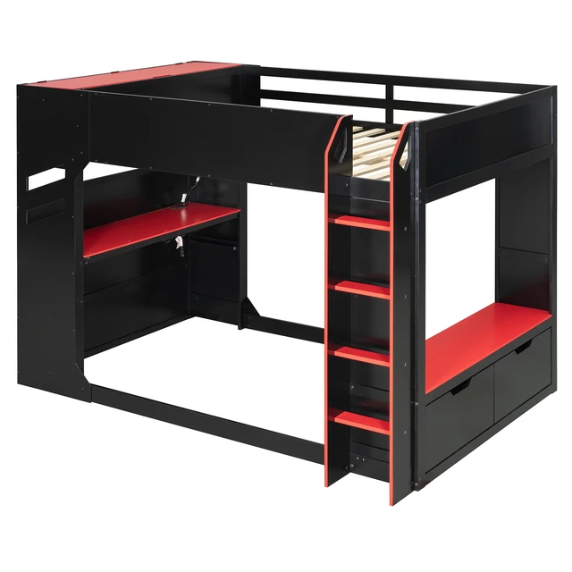 Alt view image 3 of 7 - Full Size Wood Loft Bed with Height-adjustable Desk,Drawers,Storage Compartments,Hanging Rod and RGB Lights,Red