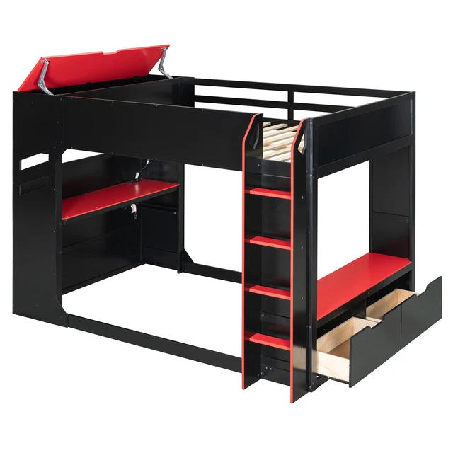 Alt view image 4 of 7 - Full Size Wood Loft Bed with Height-adjustable Desk,Drawers,Storage Compartments,Hanging Rod and RGB Lights,Red