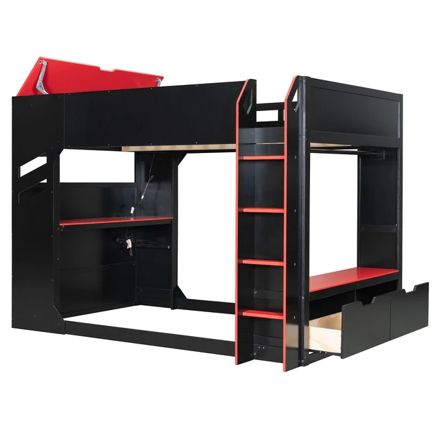 Alt view image 5 of 7 - Full Size Wood Loft Bed with Height-adjustable Desk,Drawers,Storage Compartments,Hanging Rod and RGB Lights,Red