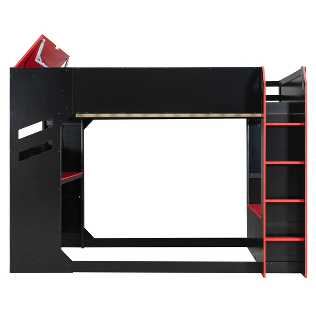 Alt view image 7 of 7 - Full Size Wood Loft Bed with Height-adjustable Desk,Drawers,Storage Compartments,Hanging Rod and RGB Lights,Red