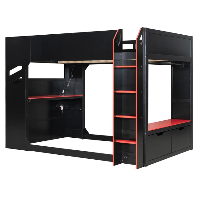 Alt view image 6 of 7 - Full Size Wood Loft Bed with Height-adjustable Desk,Drawers,Storage Compartments,Hanging Rod and RGB Lights,Red