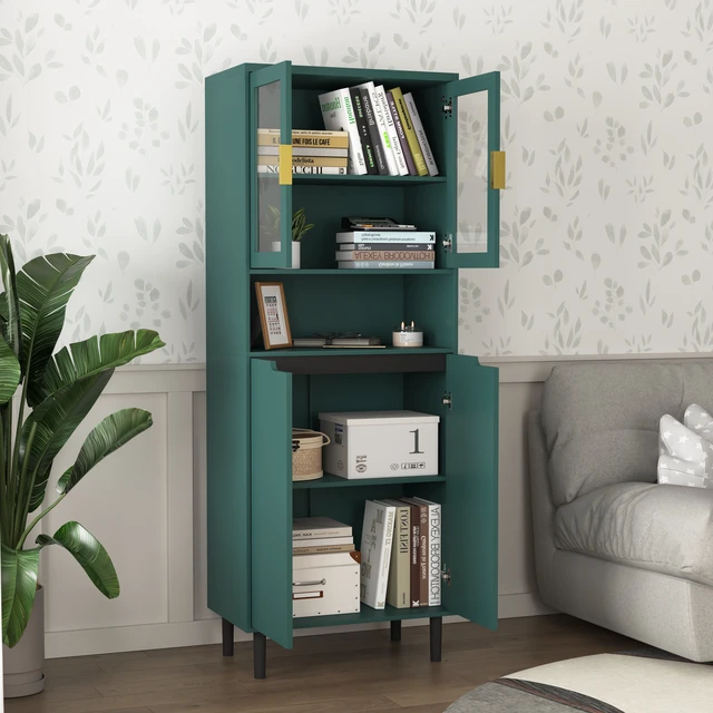 Alt view image 3 of 7 - Tempered Glass Door Tall Storage Bookcase with adjustable board, 4 doors MDF painting finished cabinet, Green, Living room Bedroom storage