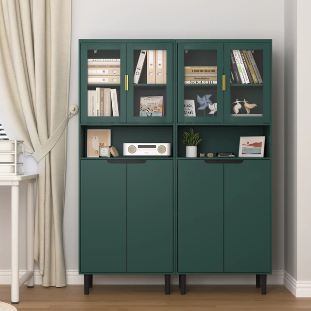 Alt view image 4 of 7 - Tempered Glass Door Tall Storage Bookcase with adjustable board, 4 doors MDF painting finished cabinet, Green, Living room Bedroom storage