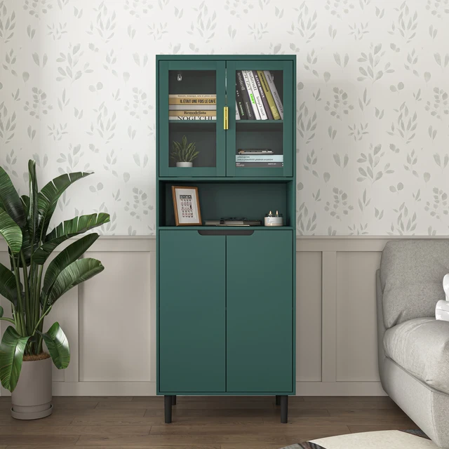 Alt view image 2 of 7 - Tempered Glass Door Tall Storage Bookcase with adjustable board, 4 doors MDF painting finished cabinet, Green, Living room Bedroom storage