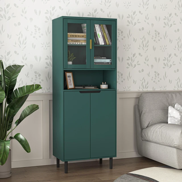 Main image of Tempered Glass Door Tall Storage Bookcase with adjustable board, 4 doors MDF painting finished cabinet, Green, Living room Bedroom storage