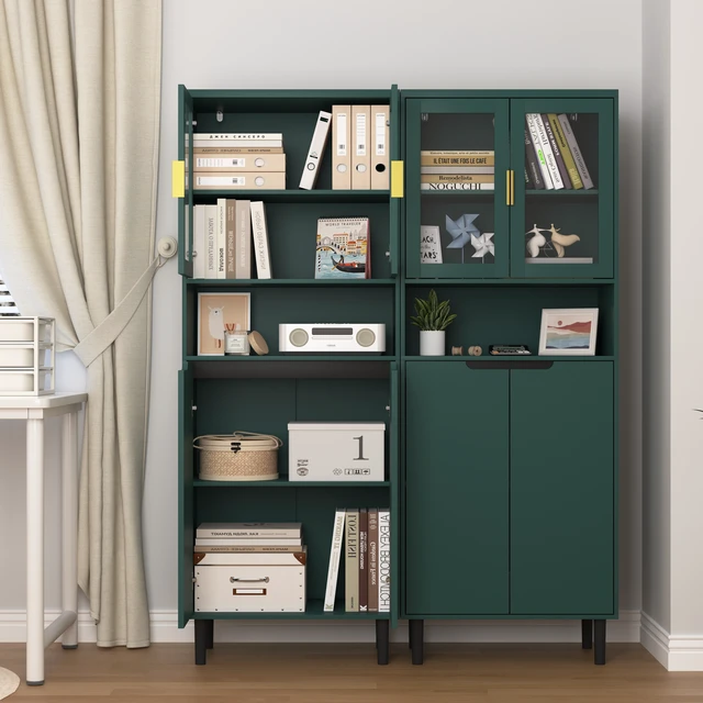 Alt view image 6 of 7 - Tempered Glass Door Tall Storage Bookcase with adjustable board, 4 doors MDF painting finished cabinet, Green, Living room Bedroom storage