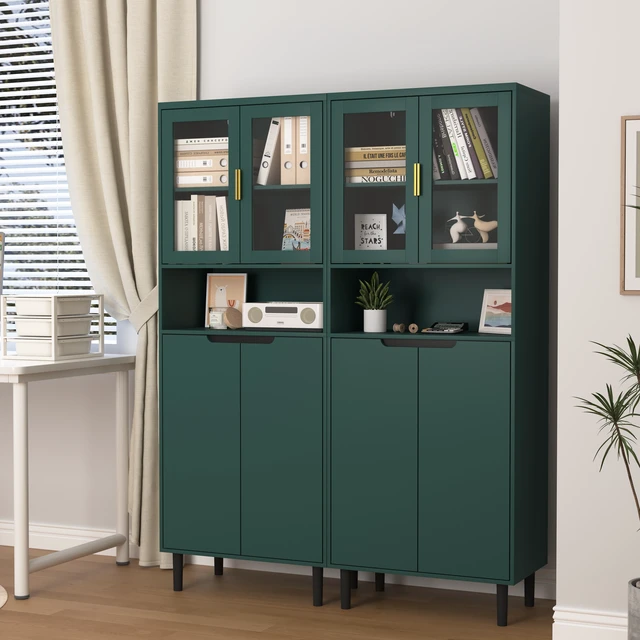 Alt view image 5 of 7 - Tempered Glass Door Tall Storage Bookcase with adjustable board, 4 doors MDF painting finished cabinet, Green, Living room Bedroom storage