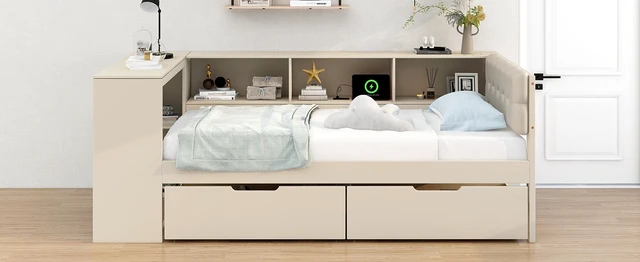 Alt view image 5 of 7 - Wood Twin Size Platform Bed with Storage Shelves, Drawers, Charging Station and Upholstered Headboard, Cream
