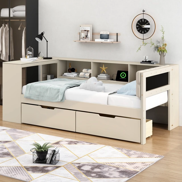 Alt view image 3 of 7 - Wood Twin Size Platform Bed with Storage Shelves, Drawers, Charging Station and Upholstered Headboard, Cream