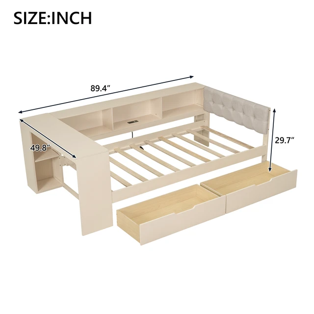 Alt view image 6 of 7 - Wood Twin Size Platform Bed with Storage Shelves, Drawers, Charging Station and Upholstered Headboard, Cream