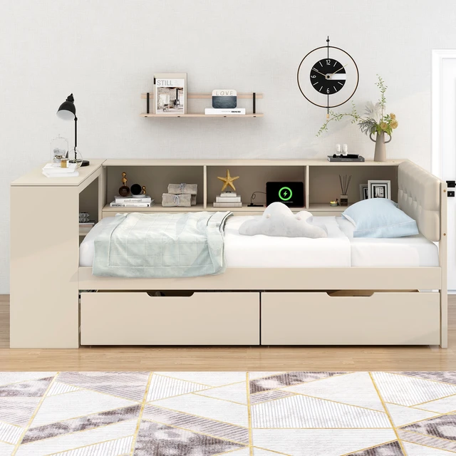 Alt view image 2 of 7 - Wood Twin Size Platform Bed with Storage Shelves, Drawers, Charging Station and Upholstered Headboard, Cream