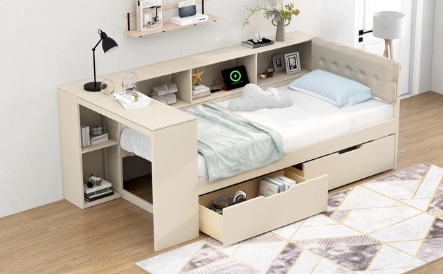 Alt view image 4 of 7 - Wood Twin Size Platform Bed with Storage Shelves, Drawers, Charging Station and Upholstered Headboard, Cream