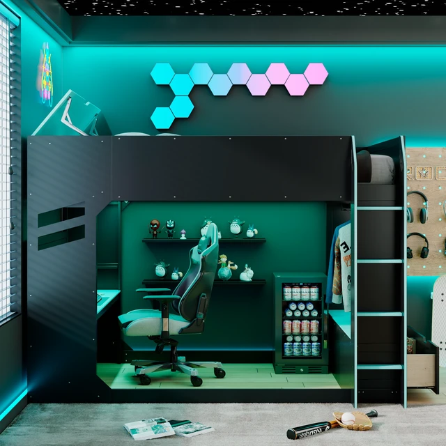 Alt view image 2 of 7 - Full Size Wood Loft Bed with Height-adjustable Desk,Drawers,Storage Compartments,Hanging Rod and RGB Lights,Blue