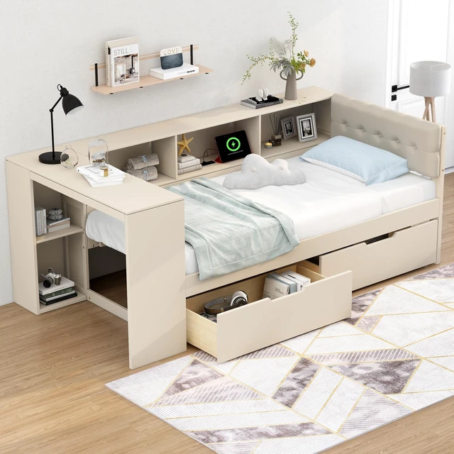 Main image of Wood Twin Size Platform Bed with Storage Shelves, Drawers, Charging Station and Upholstered Headboard, Cream