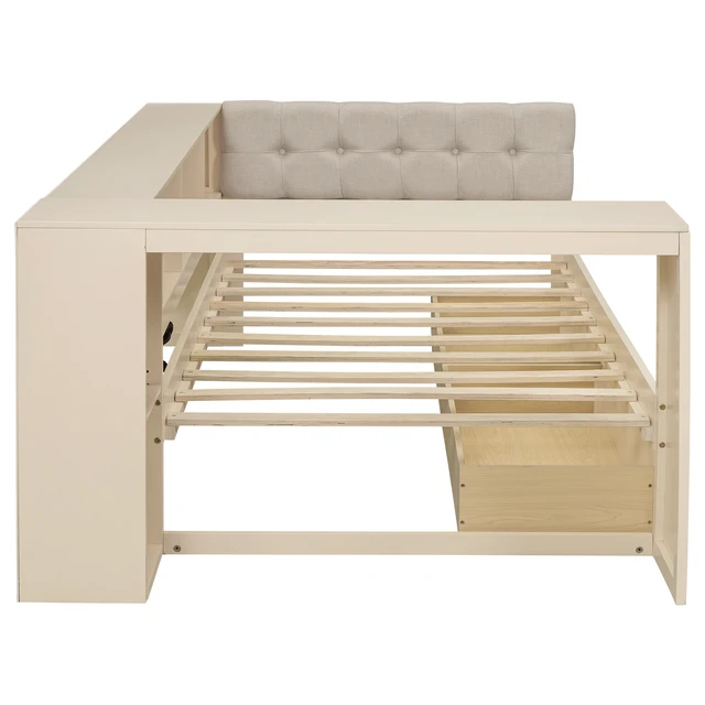 Alt view image 7 of 7 - Wood Twin Size Platform Bed with Storage Shelves, Drawers, Charging Station and Upholstered Headboard, Cream