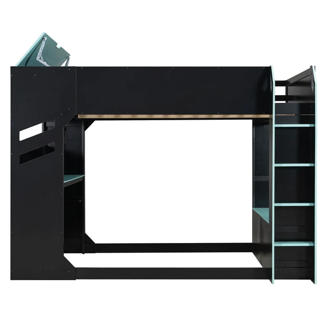 Alt view image 3 of 7 - Full Size Wood Loft Bed with Height-adjustable Desk,Drawers,Storage Compartments,Hanging Rod and RGB Lights,Blue