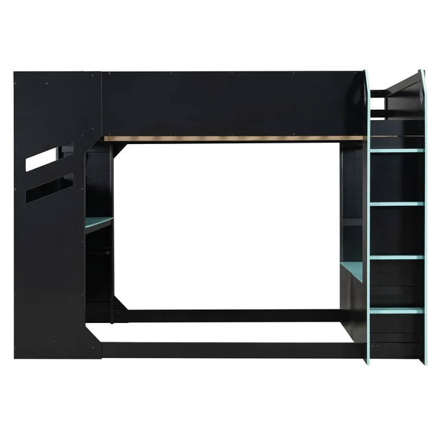 Alt view image 4 of 7 - Full Size Wood Loft Bed with Height-adjustable Desk,Drawers,Storage Compartments,Hanging Rod and RGB Lights,Blue