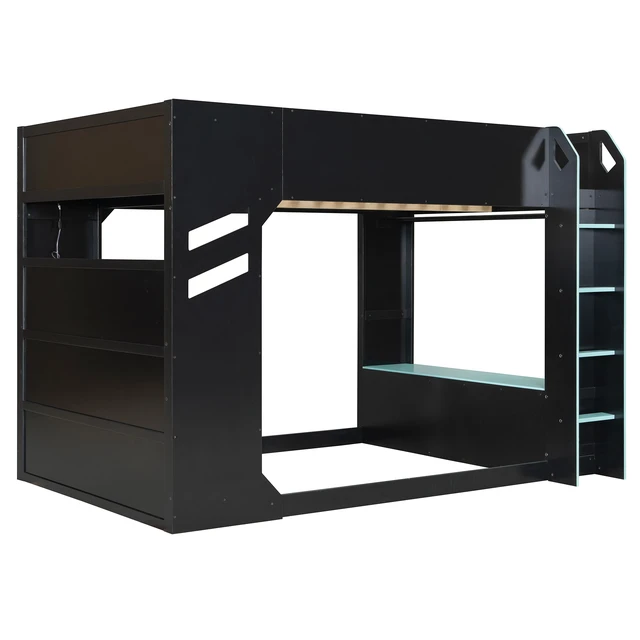 Alt view image 5 of 7 - Full Size Wood Loft Bed with Height-adjustable Desk,Drawers,Storage Compartments,Hanging Rod and RGB Lights,Blue