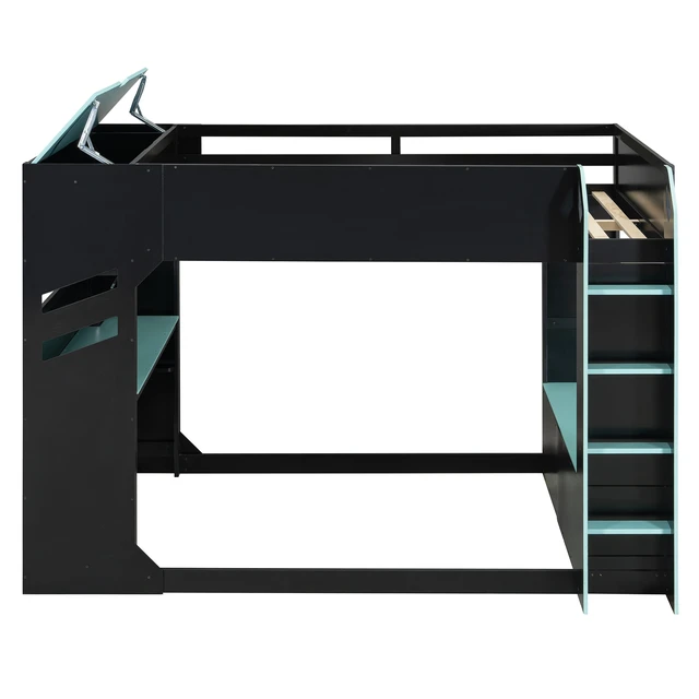 Alt view image 6 of 7 - Full Size Wood Loft Bed with Height-adjustable Desk,Drawers,Storage Compartments,Hanging Rod and RGB Lights,Blue
