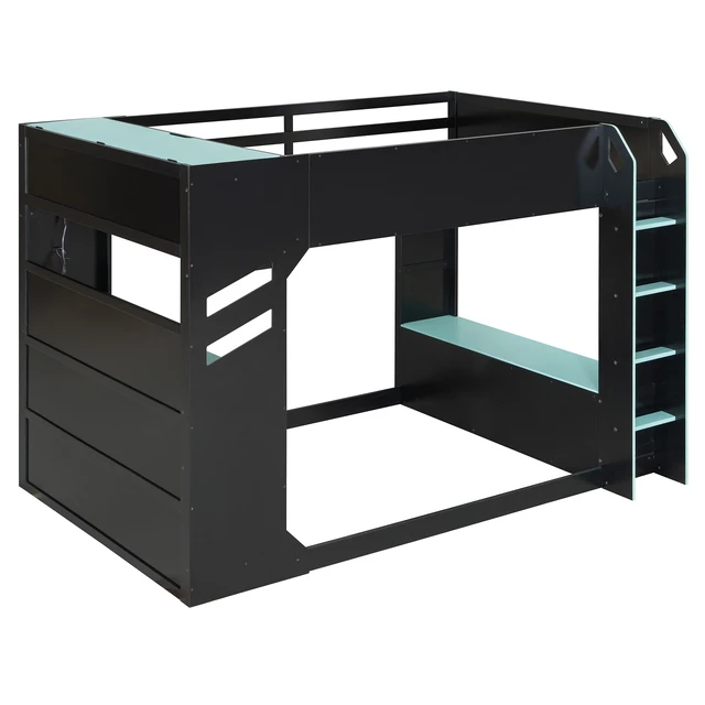 Alt view image 7 of 7 - Full Size Wood Loft Bed with Height-adjustable Desk,Drawers,Storage Compartments,Hanging Rod and RGB Lights,Blue