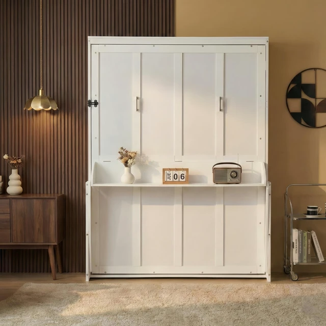 Main image of Queen Size Wood Vertical Murphy Bed, Space-Saving Hidden Wall Bed, Wall Bed Cabinet, with Desk, Gas Struts ,White
