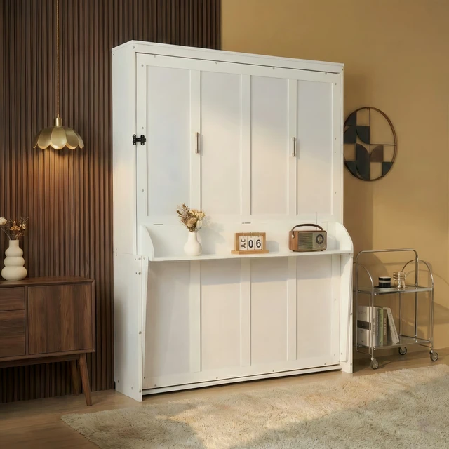 Alt view image 2 of 7 - Queen Size Wood Vertical Murphy Bed, Space-Saving Hidden Wall Bed, Wall Bed Cabinet, with Desk, Gas Struts ,White