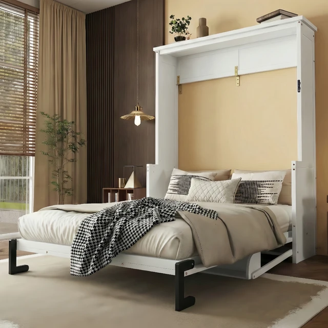Alt view image 4 of 7 - Queen Size Wood Vertical Murphy Bed, Space-Saving Hidden Wall Bed, Wall Bed Cabinet, with Desk, Gas Struts ,White