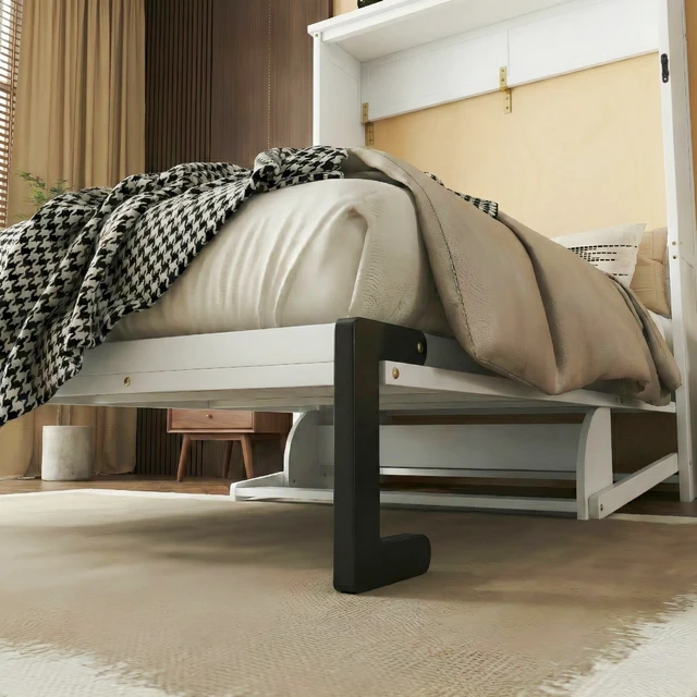Alt view image 5 of 7 - Queen Size Wood Vertical Murphy Bed, Space-Saving Hidden Wall Bed, Wall Bed Cabinet, with Desk, Gas Struts ,White