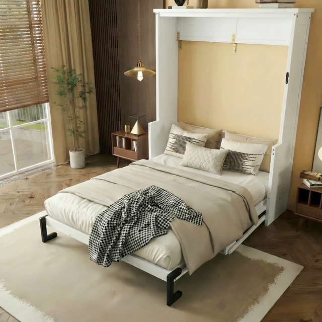 Alt view image 3 of 7 - Queen Size Wood Vertical Murphy Bed, Space-Saving Hidden Wall Bed, Wall Bed Cabinet, with Desk, Gas Struts ,White