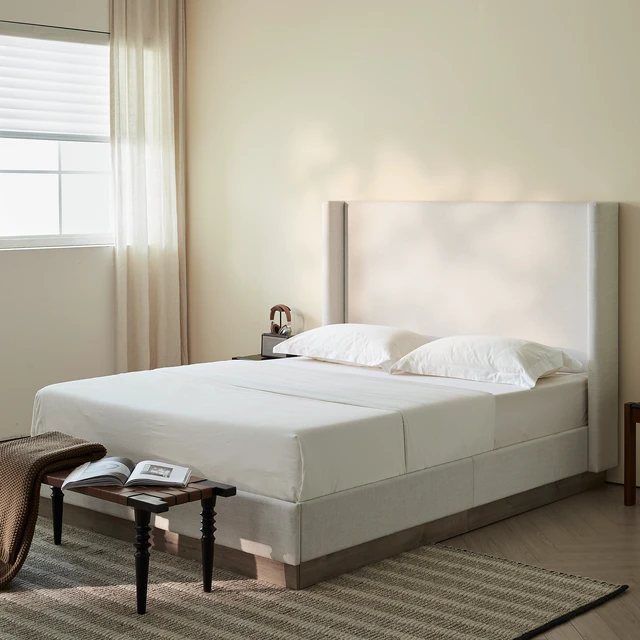Alt view image 4 of 7 - Hosford Upholstered Wingback Bed / Upholstered Wood Base Platform Bed / 52.5" High Headboard / Minimalist / Rusticity / No Box Spring Needed / California King / Textured Ivory Canvas / No Noise