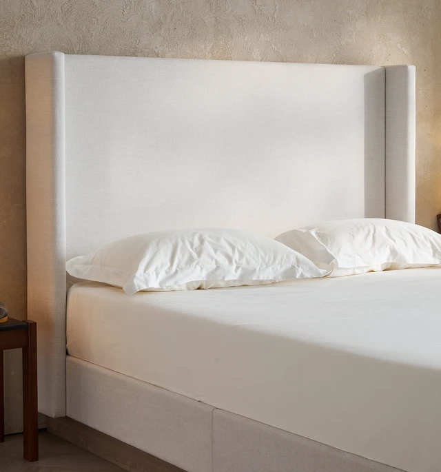 Alt view image 6 of 7 - Hosford Upholstered Wingback Bed / Upholstered Wood Base Platform Bed / 52.5" High Headboard / Minimalist / Rusticity / No Box Spring Needed / California King / Textured Ivory Canvas / No Noise